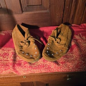 Minnetonka Tan Moccasins with Beaded Accents